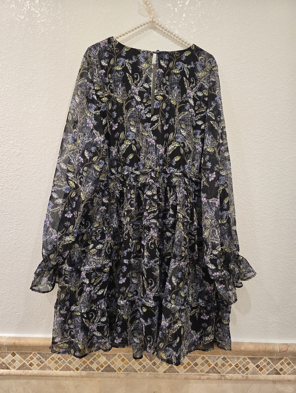 Mini Lurex Chiffon Tiered Dress Floral Black 2X NWT - Picture 4 of 5